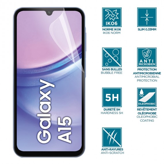 Screen protector for Galaxy A15 4G - A15 5G - unbreakable & anti-shock IK06 - Clear finishing 