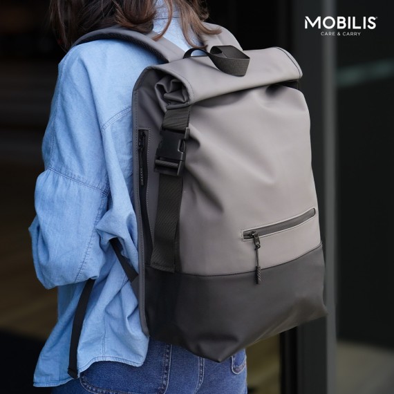 MOBILIS Sac à Dos Rolltop avec Poche Renforcée pour Ordinateur Portable 14-16'' - Capacité 25L - Déperlant Gris/Noir
