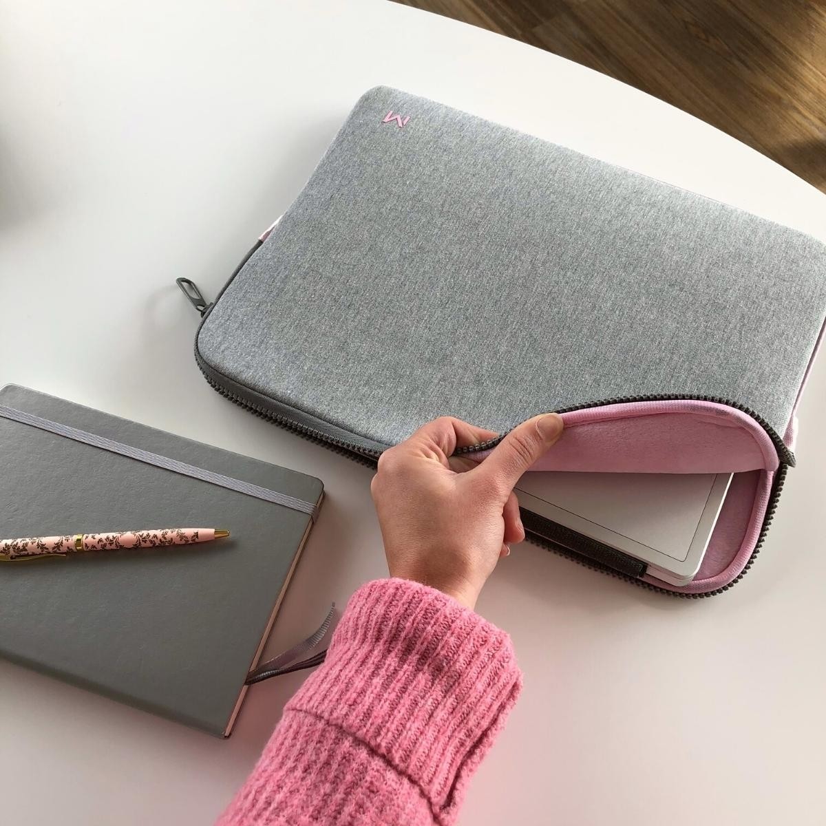 grey and pink memory foam computer sleeve with soft interior