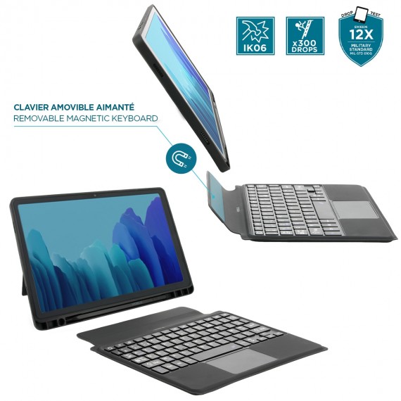 Protective case for Galaxy Tab A9+ 11'' with detachable French Bluetooth® keyboard + touchpad