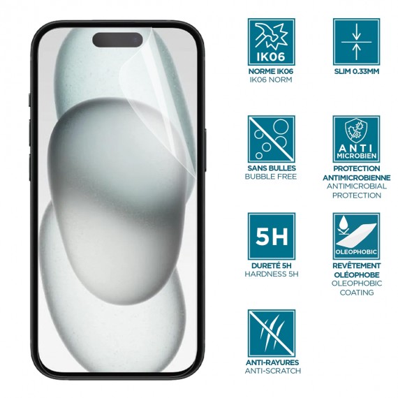 Screen protector for iPhone 15 - iPhone 15 Pro- unbreakable & anti-shock IK06 - Clear finishing
