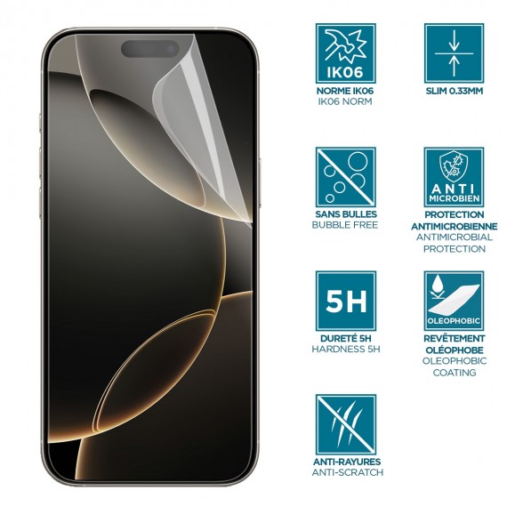 Screen protector for iPhone 16 - unbreakable & anti-shock IK06 - Clear finishing 
